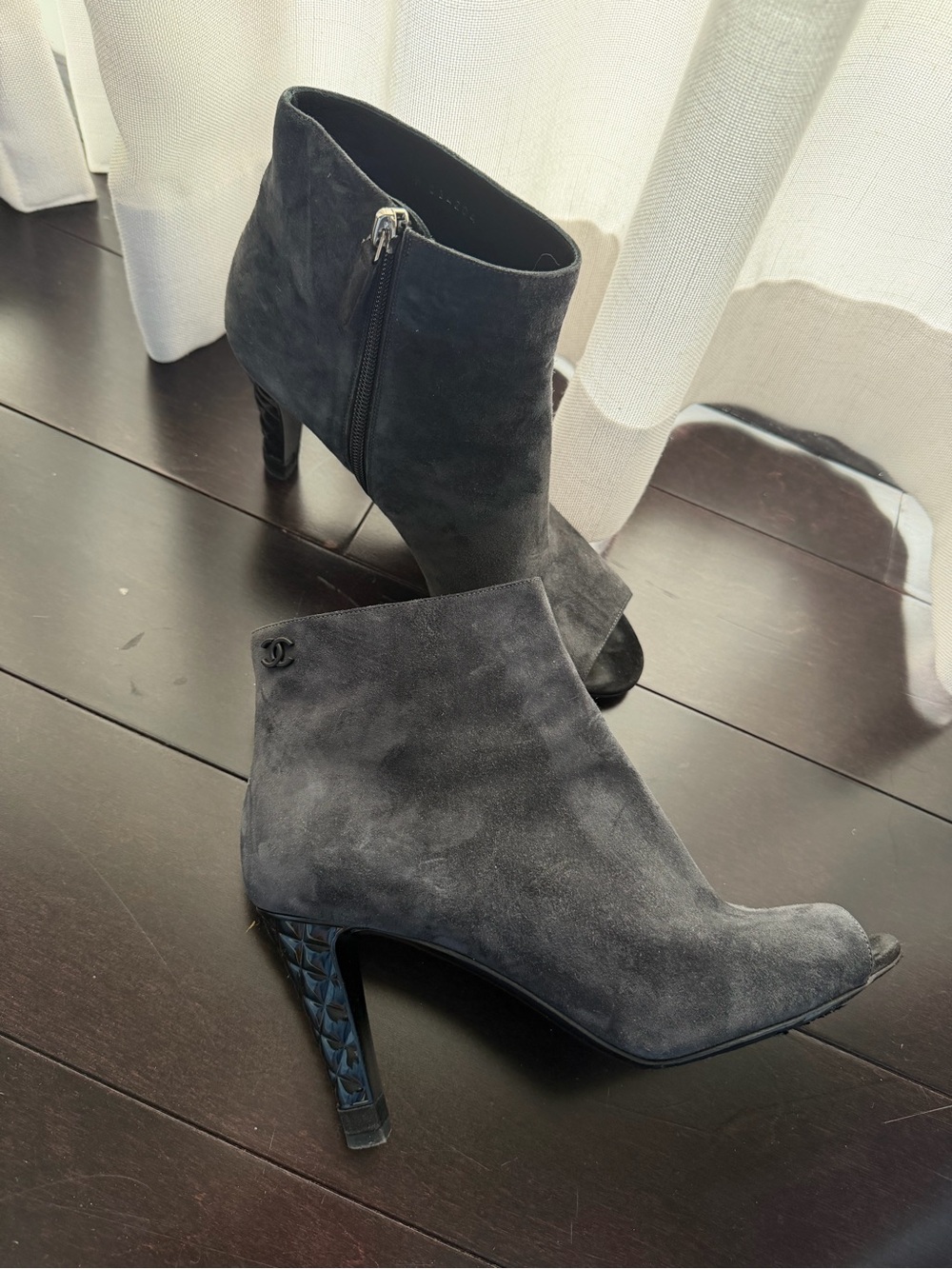 CHANEL Black Suede Peep-Toe Quilted-Heel Ankle Booties